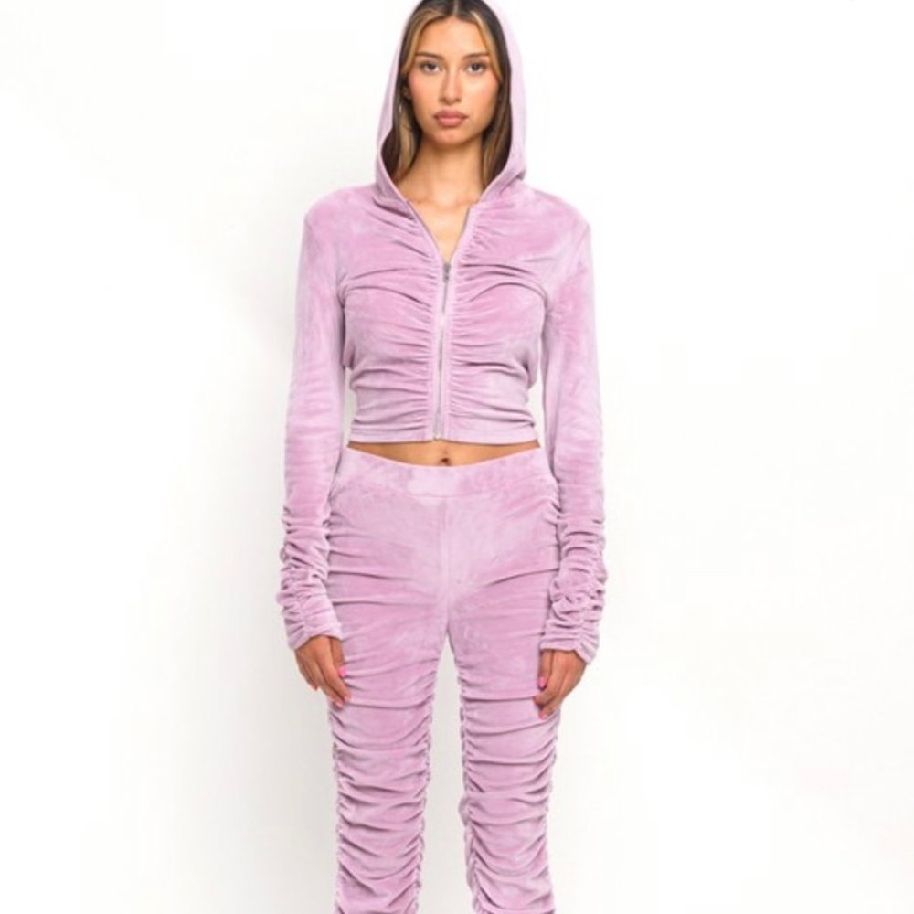 Pink Velvet Ruched Sweatsuit